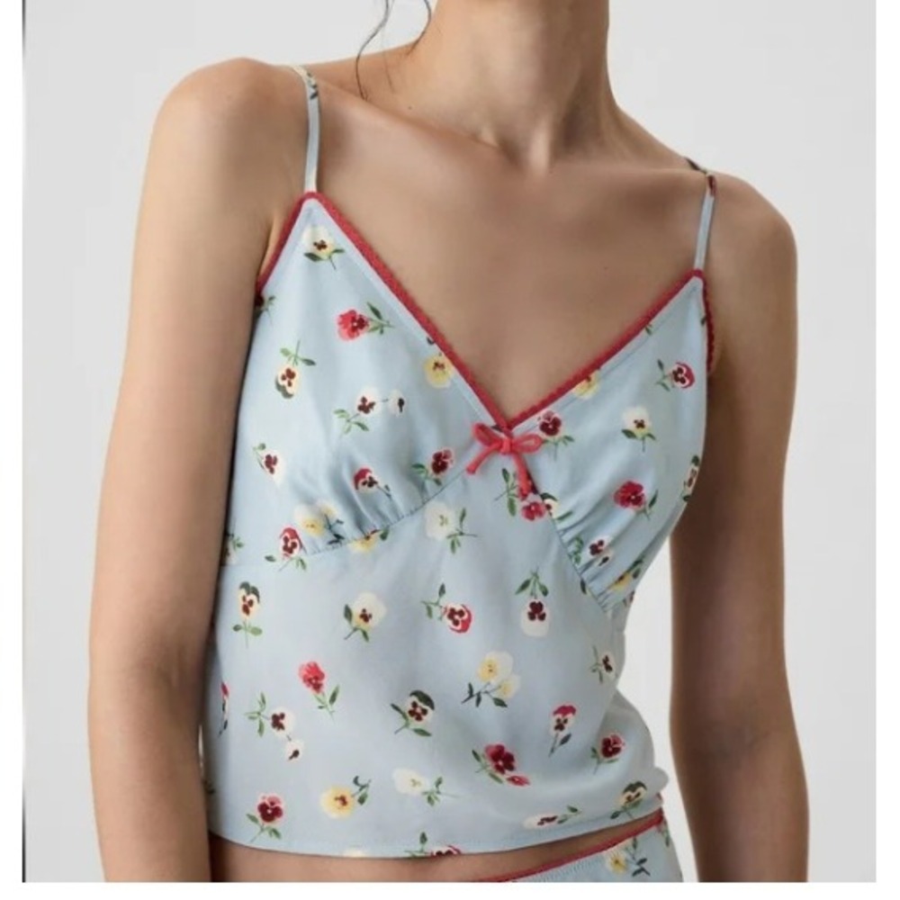Gap X Doen Cropped Blue Floral Camisole Top, Red Accents, Coquette NWT, Sz M